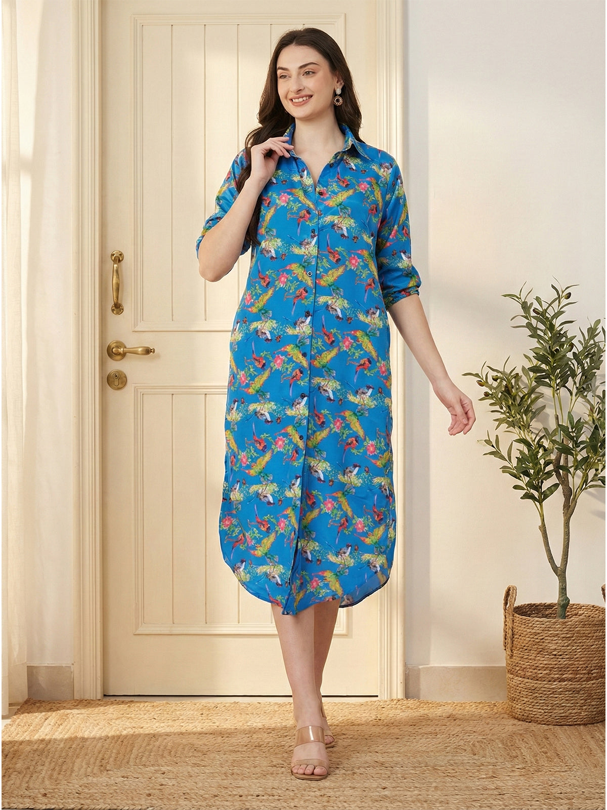 Kuberakshi - Blue Jungle Print shirt style long Dress  with Pocket.