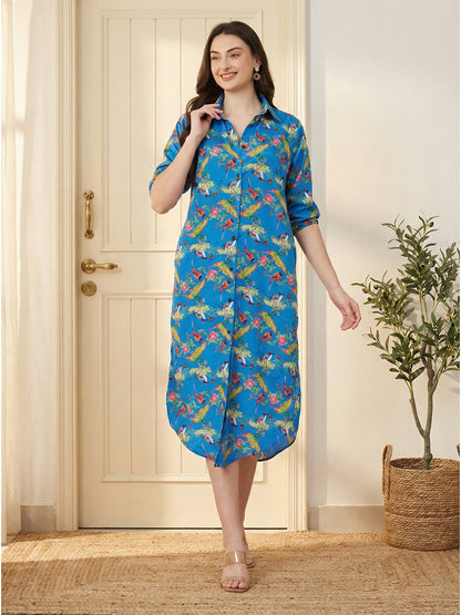 Kuberakshi - Blue Jungle Print shirt style long Dress  with Pocket.