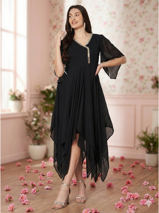 Kuberakshi Black Georgette zig zig flare long dress