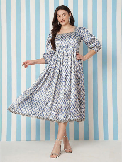 Kuberakshi-White with blue small print satin frock dress