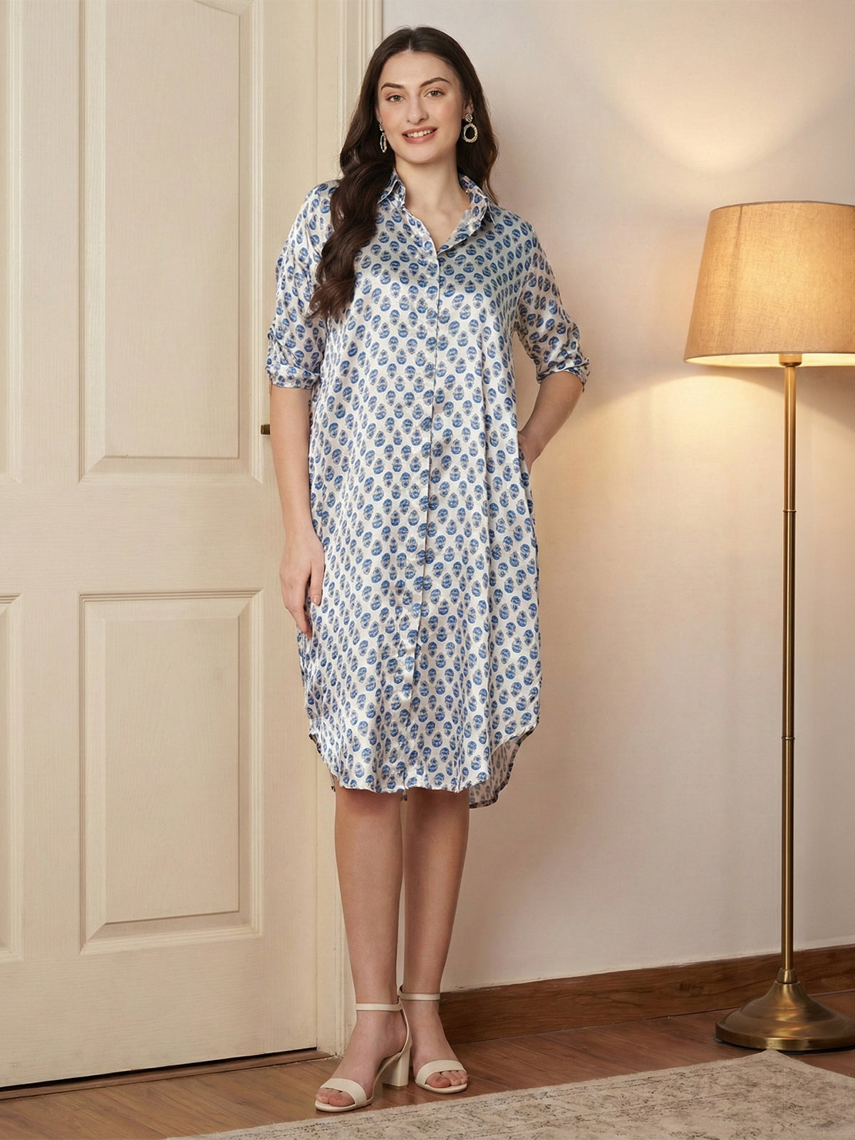 Kuberakshi-White with blue leaf print shirt style long dress