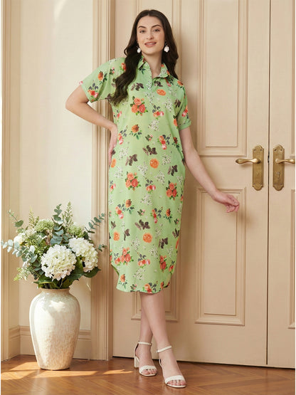 Kuberakshi- Pista Green with Rose flowers long dress with Korean sleeves