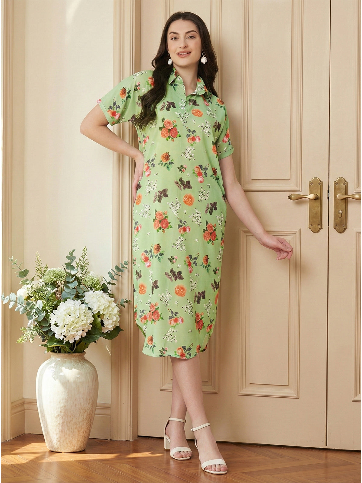 Kuberakshi- Pista green  printed long shirt style dress with belt